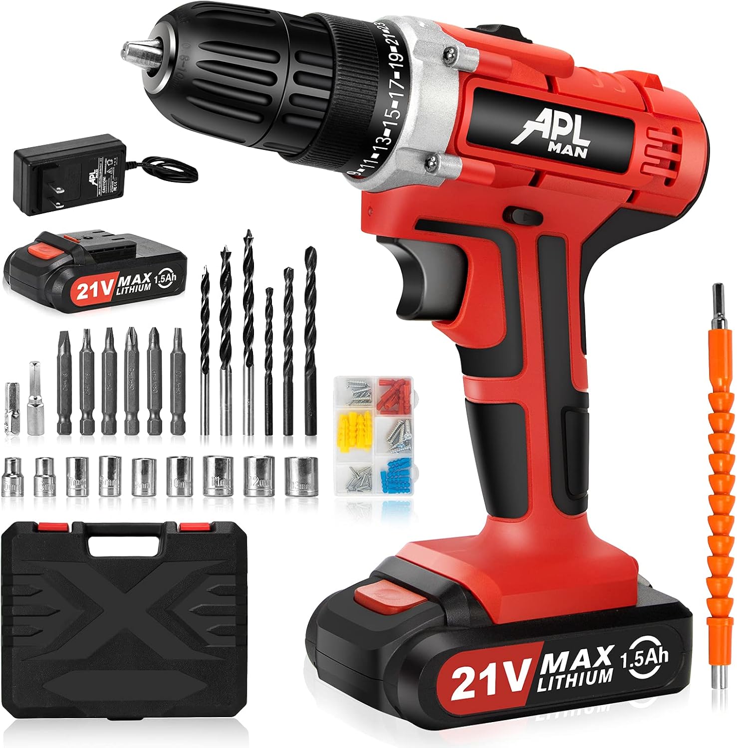 APLMAN Cordless Drill 21V with with Battery Electric Drill Kit 26pcs Accessories 3/8