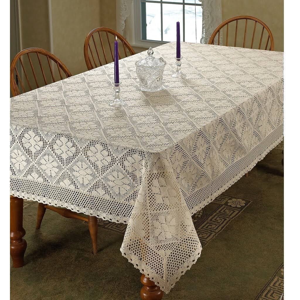 Stars Crochet Vintage Lace Design Tablecloth, Ivory, 60x140 Inches