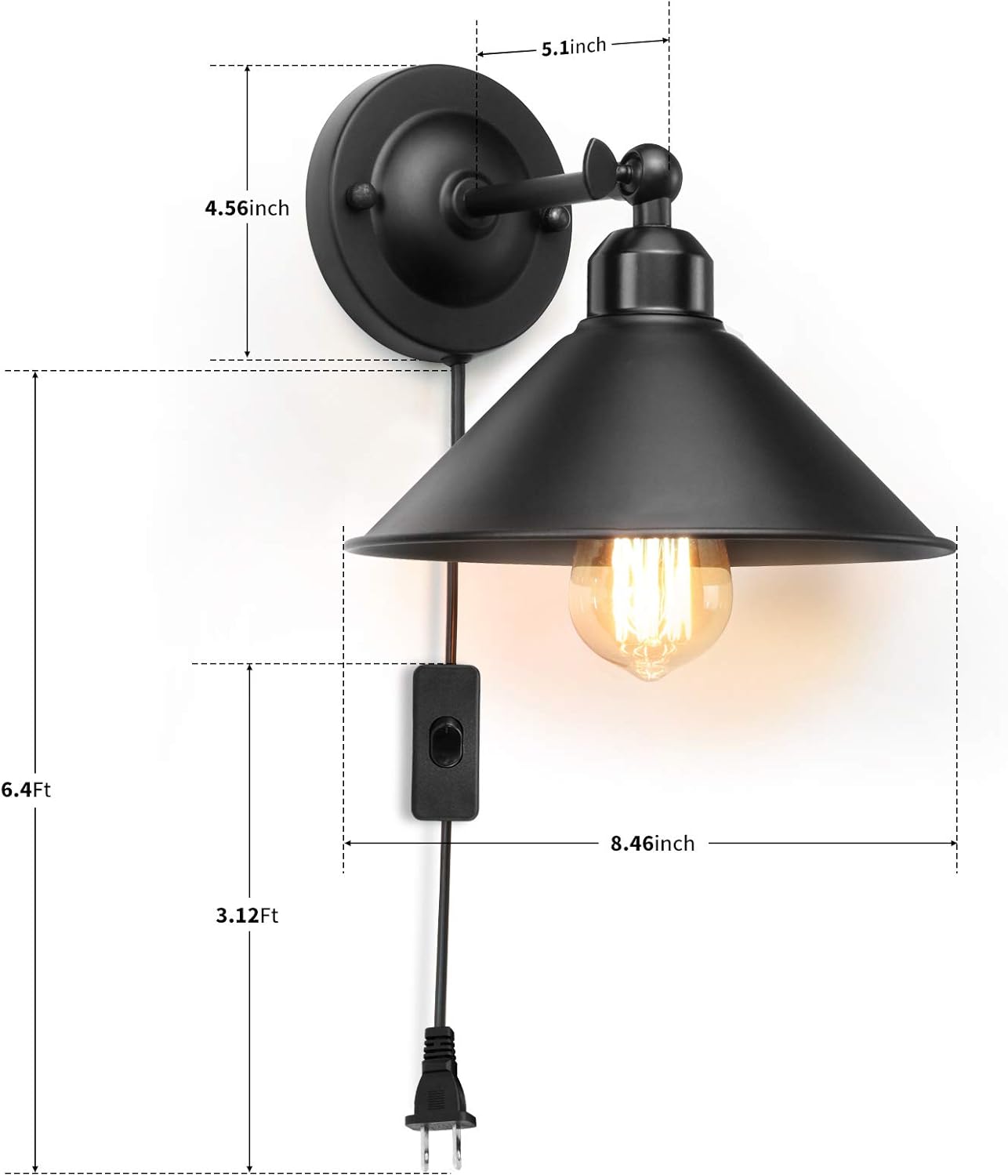 Plug in Wall Sconce, Black Wall Sconce, Antique Swing Arm Vintage Industrial Wall Light Fixture, Wall lamp with Plug in Cord On Off Switch E26 Base for Bedroom Bathroom Kitchen 2 Pack