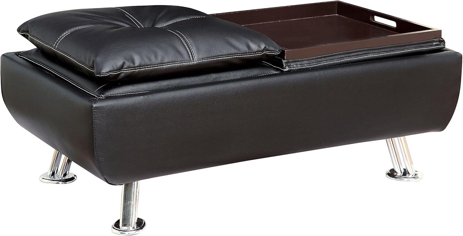 Furniture of America Wilhelm Ottoman with Flip-Top Service Tray, Black Leatherette