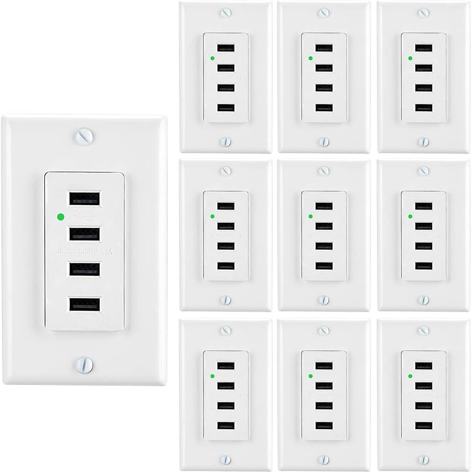 LEOD 4.2A Output High Speed 4 USB Port Charger Wall Outlet with 2 Types Wall Plates(Standard and screwless Included), USB Charger Receptacle, White,UL Listed[10 Pack]