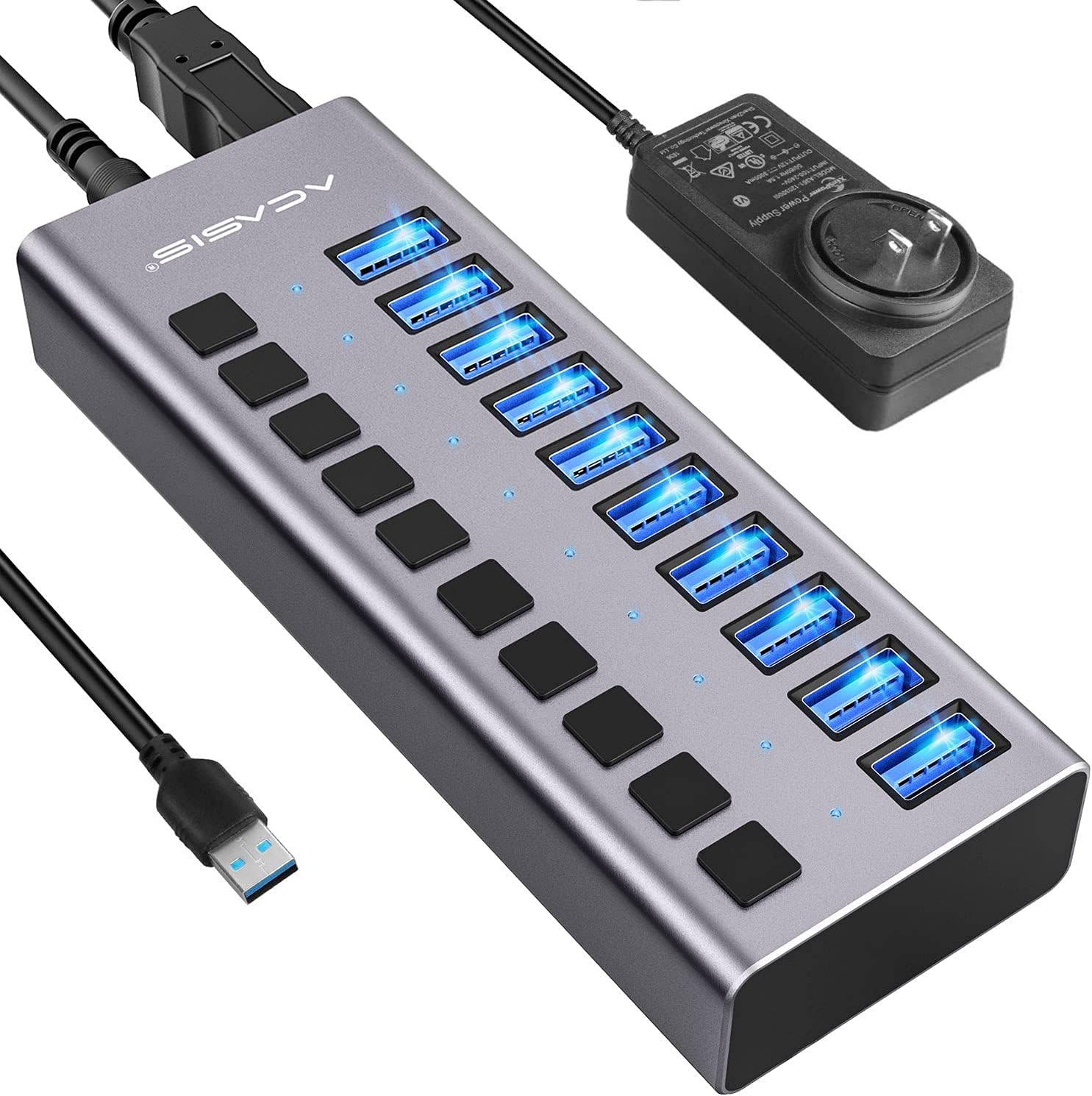 Powered USB Hub - ACASIS 10 Ports 48W USB 3.0 Data Hub - with Individual On/Off Switches and 12V/4A Power Adapter USB Hub 3.0 Splitter for Laptop, PC, Computer, Mobile HDD, Flash Drive and More Pack of 2