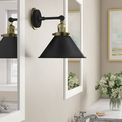 Chesterhill 1-Light Dimmable Armed Sconce Three Posts Finish: Black/Antique Brass, Shade Color: Matte Black