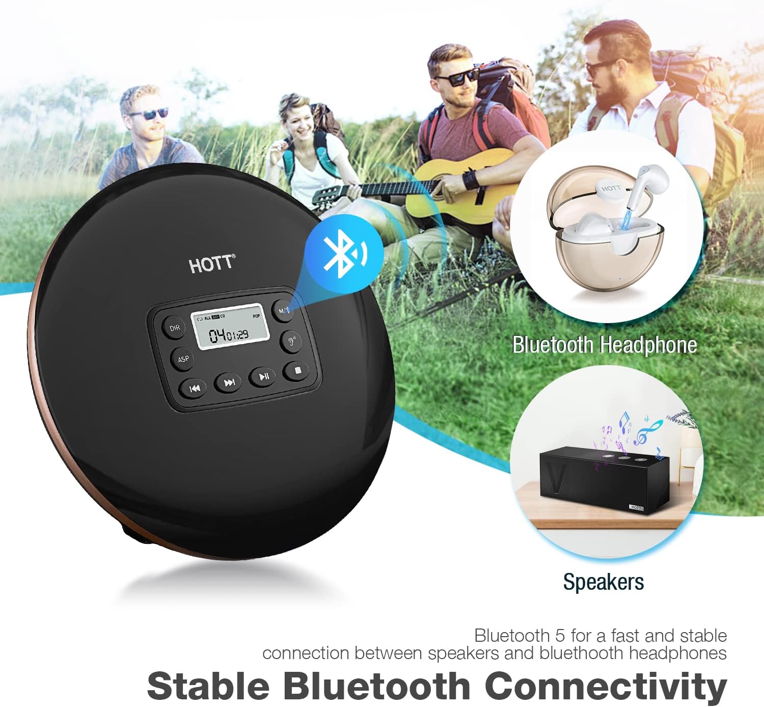 HOTT CD711T Bluetooth CD Player Portable Rechargeable for Car and Home Travel with Stereo Headphones, Anti Shock-Black