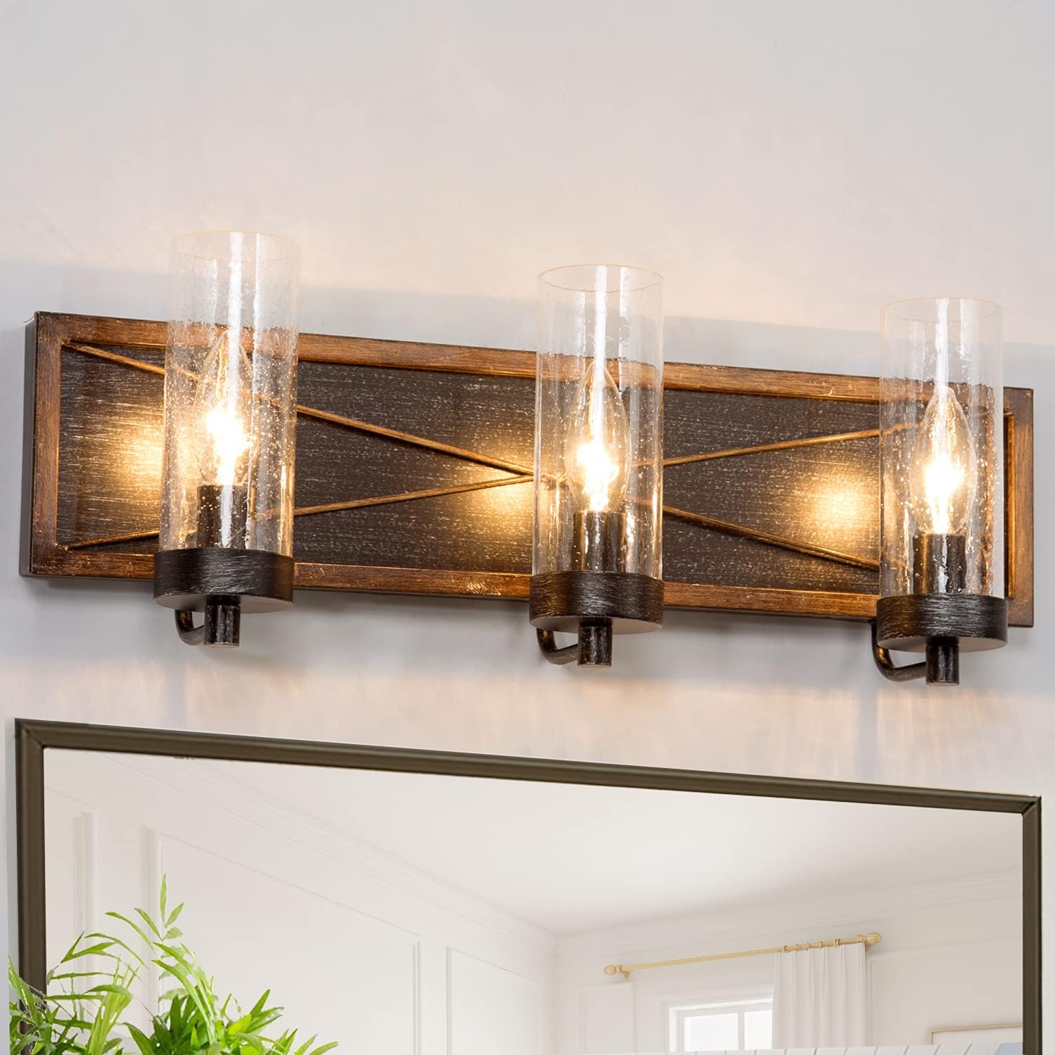 Bathroom Vanity Light Fixtures, Farmhouse Bathroom Light Fixtures, 3-Light Rustic Vanity Lighting Fixtures with Black Faux Wood Finish and Bubble Glass Shade (20&rdquo; L&times;4.5&rdquo; W&times;7.5&rdquo;H)