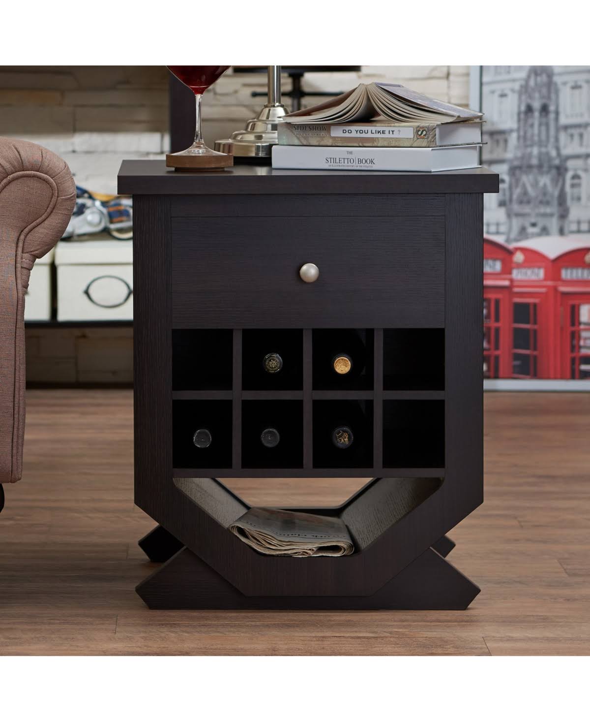 Stilla Wine Rack End Table - Dark Brown