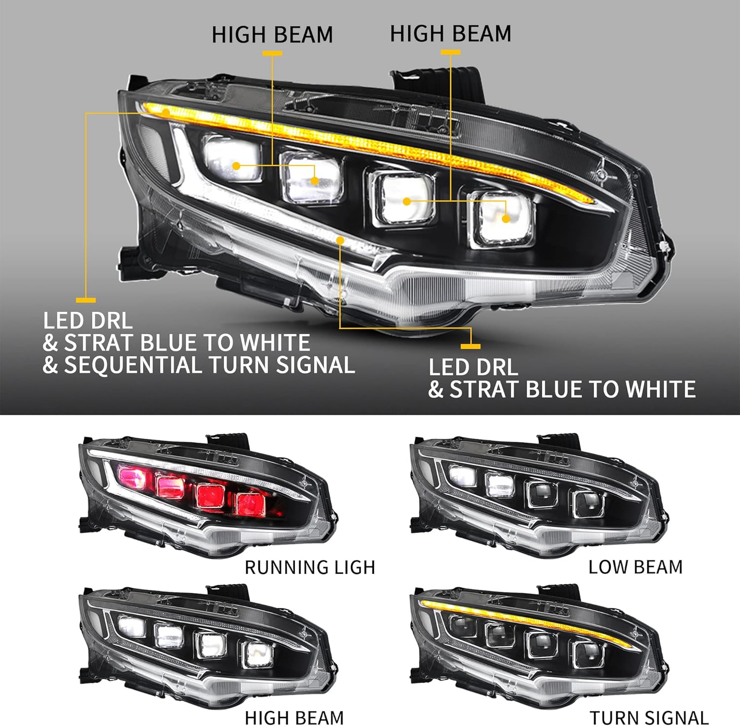 VLAND LED Red Demon Eyes Headlight Assembly Compatible for [ 10TH Gen Honda Civic Sedan / Coupe / Hatchback / Type R 2016 2017 2018 2019 2020 ] with Sequential Turn Signal, LED Start-Up Blue DRL