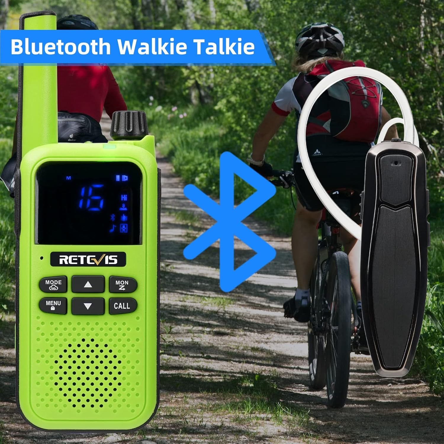 Retevis RA19 Bluetooth Walkie Talkie, Long Range FRS 2 Way Radio, Bluetooth Headset, 1400mAh Portable Radio Rechargeable, NOAA VOX Vibration, for Riding, Hunting(Green 2Pack)