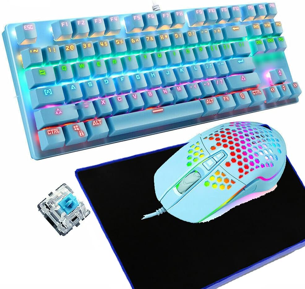 Wired Gaming Keyboard and Sets 87 Keys Rainbow Backlit Mechanical Keyboard ,RGB Backlit 6400 DPI Lightweight Gaming Mouse, Mouse Pad for PC Game (Pink) Pack of 2