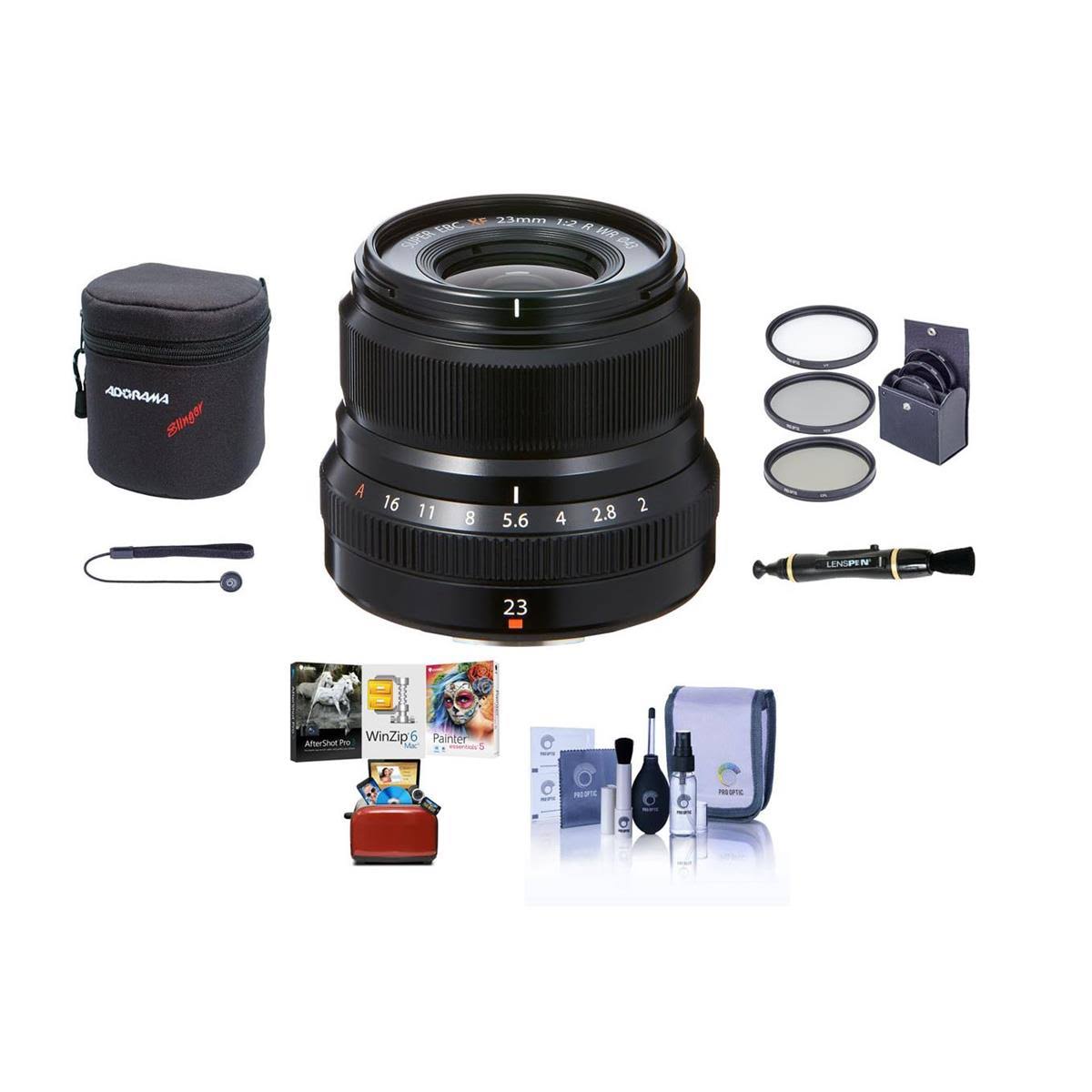 Fujifilm XF 23mm (35mm) F/2R WR Lens, Black - Bundle with 43mm Filter Kit, Lens Case, Cleaning Kit, Capleash, Lens Cleaner, Mac