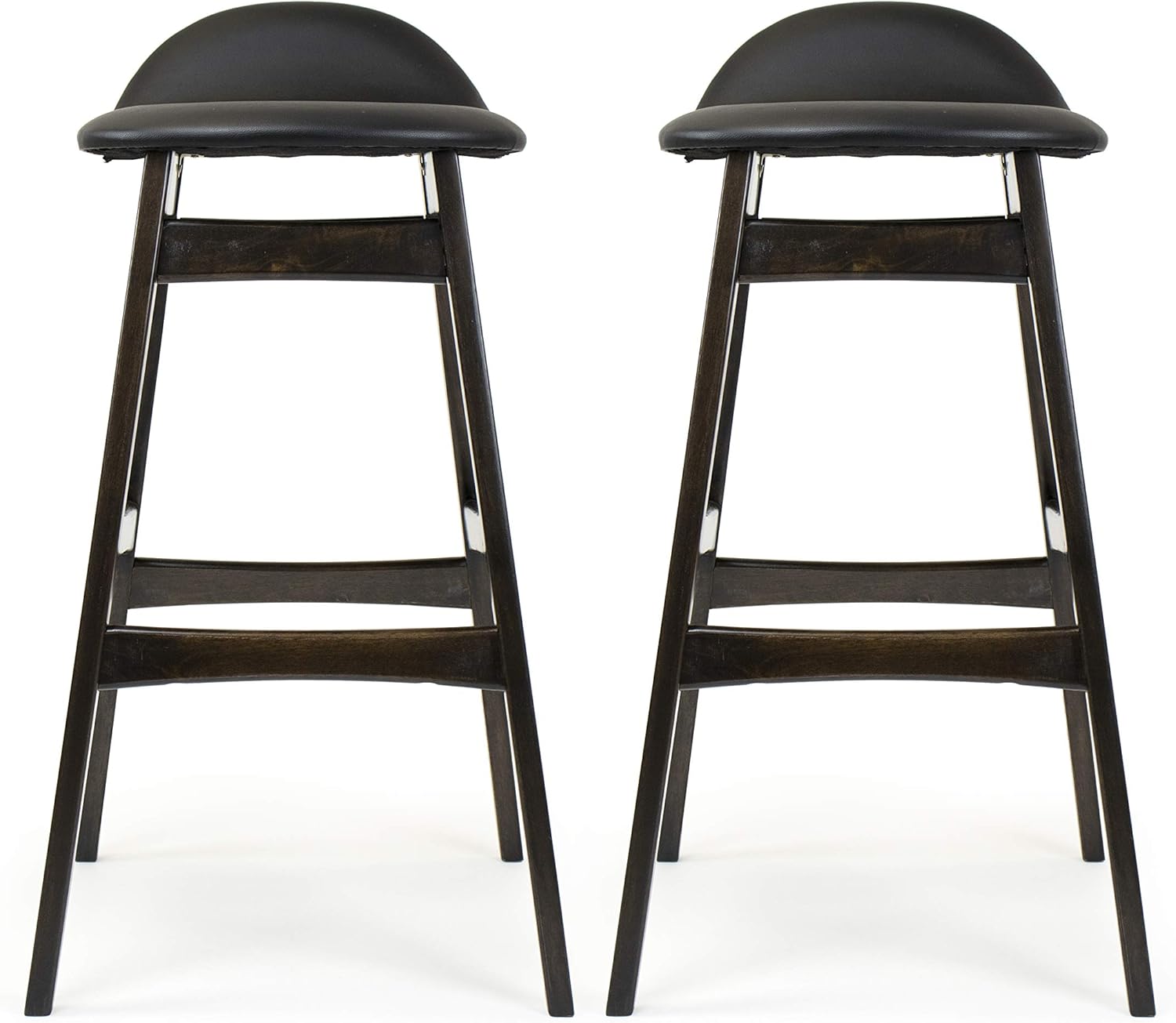 Humble Crew Set of 2 Bistro Bar Counter Height Stools, Vegan Leather and Wood, Black/Dark Wood