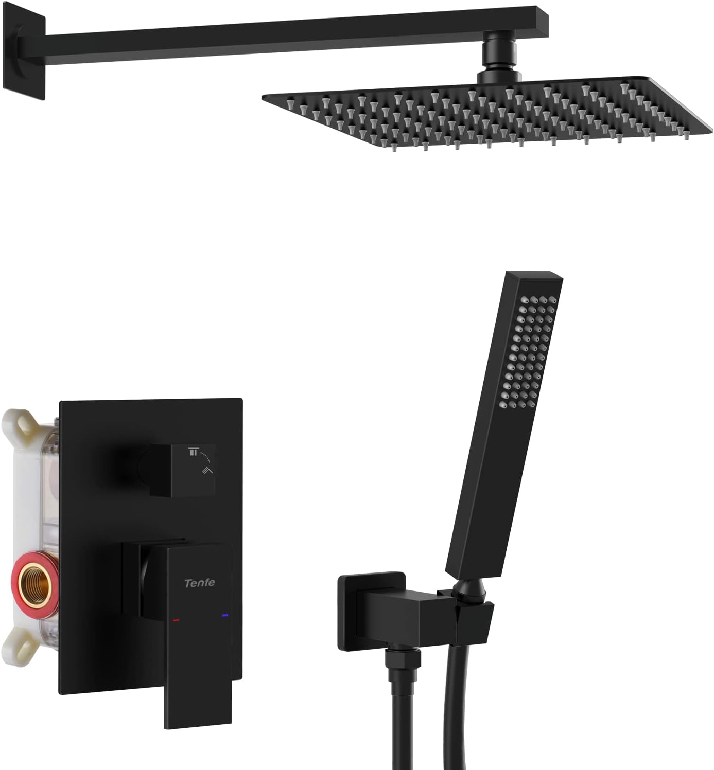 Tenfe Shower System, Matte Black Shower Fixtures with 12 Inch Rain Shower Head and Handheld, Wall Mounted Shower Faucet Combo Set(Rough-in Brass Valve Body and Trim Included)
