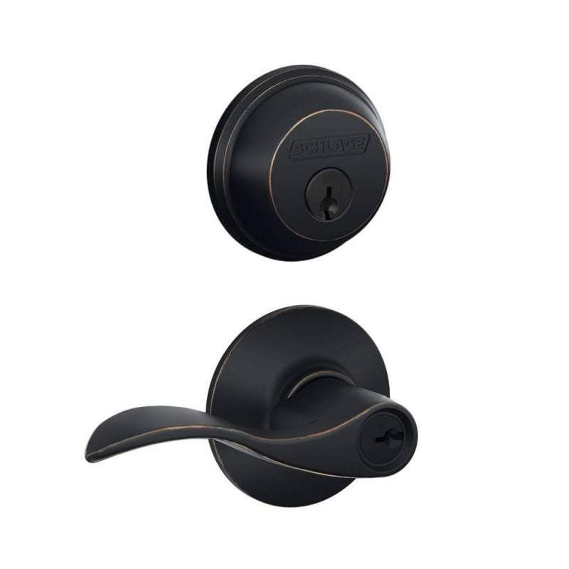 Schlage FB50-ACC Accent Single Cylinder Keyed Entry Door Lever Set and Deadbolt Combo Aged Bronze Leverset Combo Pack Keyed Entr