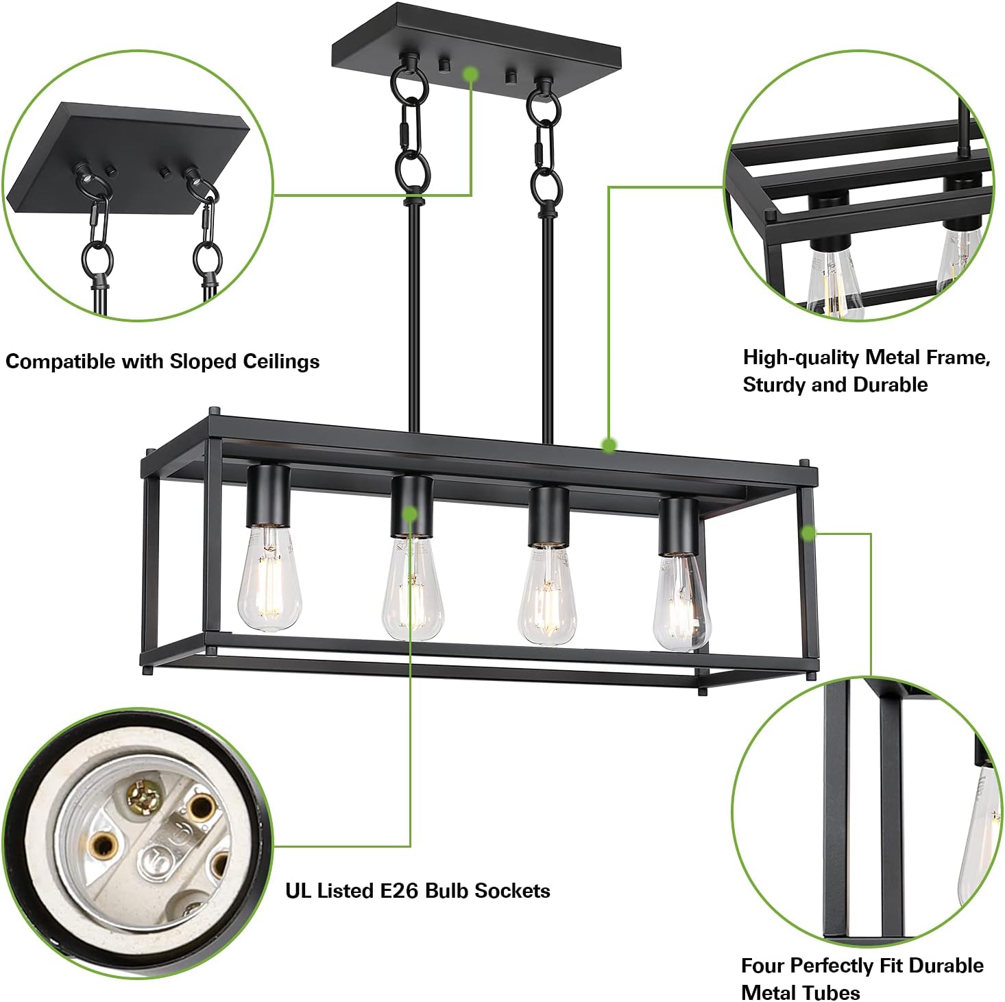 4-Light Island Lights, Industrial Dining Room Lighting Fixture, Kitchen Island Pendant Lighting, Linear Chandelier with Black Painting, for Dining Room Kitchen Island Pool Table, ETL Listed