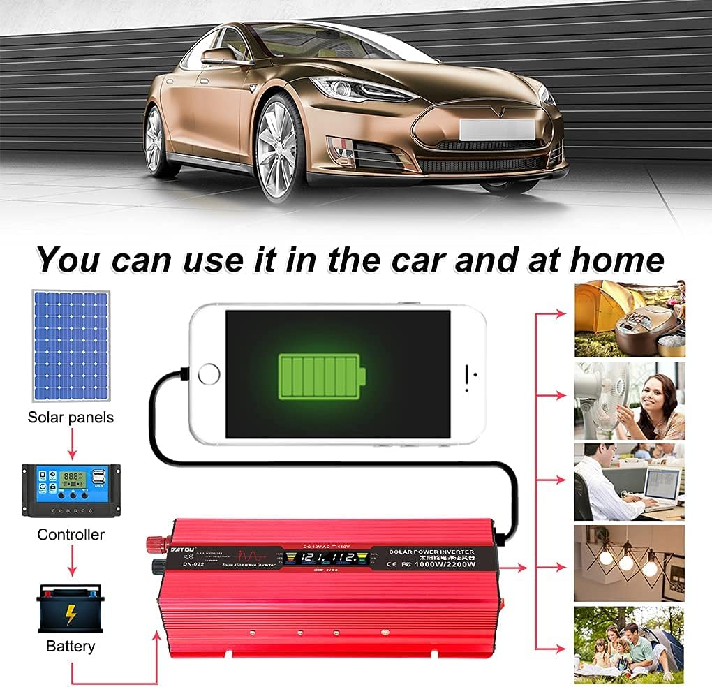 DATOUBOSS 1000W Pure Sine Wave Power Inverter 12V 110V DC to AC Car Inverter 2200W Peak Car Charger Converter with LED Display