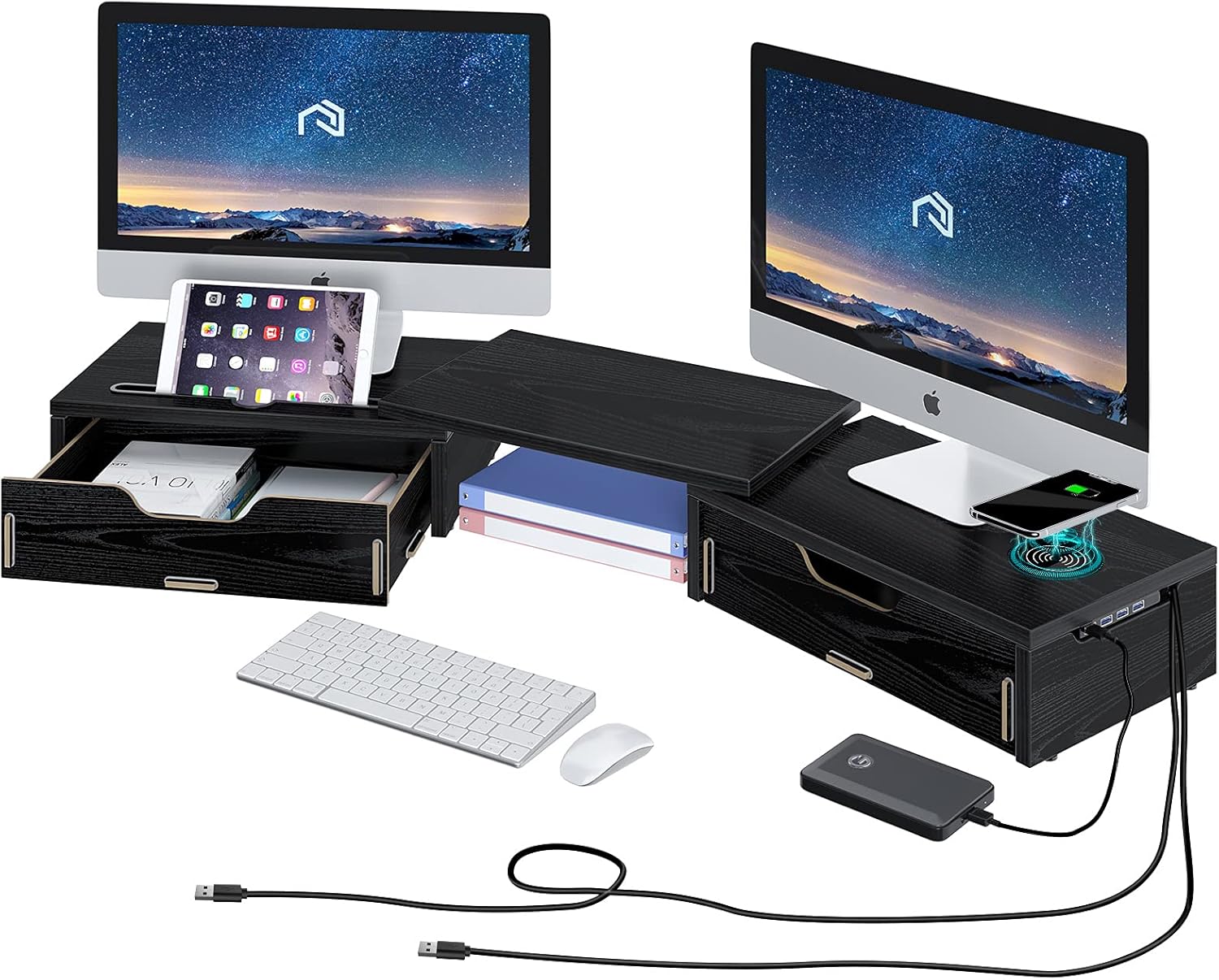 Rolanstar Monitor Stand Riser with Drawer & Wireless Charger, Dual Monitor Stand with USB Ports for Data Transfer & Charging, Adjustable Desk Organizer for Computer （Bamboo） Pack of 2