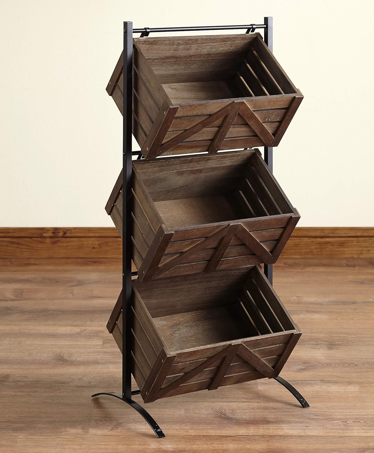 The Lakeside Collection Triple Basket Storage Rack Rustic Shelving Unit with Farmhouse Look - Wood