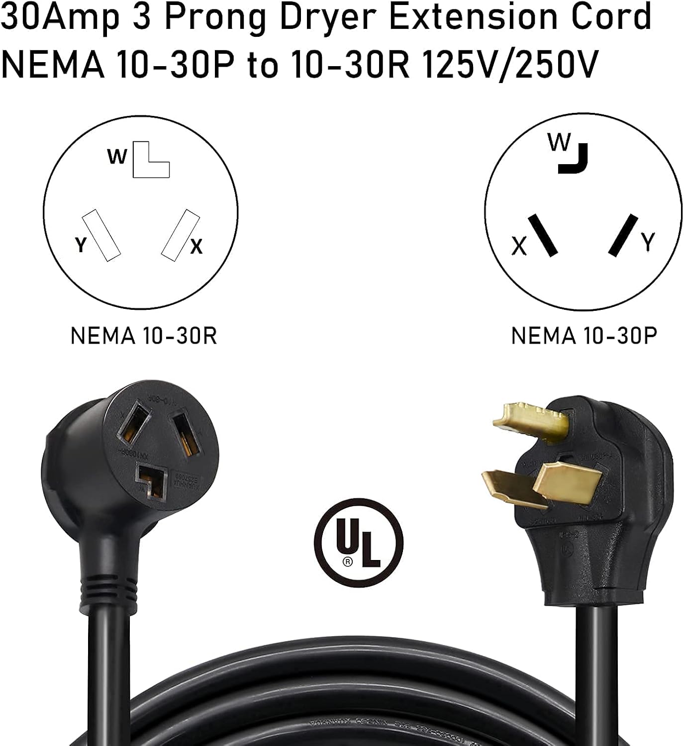 25FT Dryer Extension Cord 3 Prong,NEMA 10-30P to 10-30R,30Amp 125V/250V,10-AWG,Anti-Weather Super Heavy Duty Thick Cord,Use for Dryer/Level 2 EV Charging Extension Cord.UL Listed Pack of 2