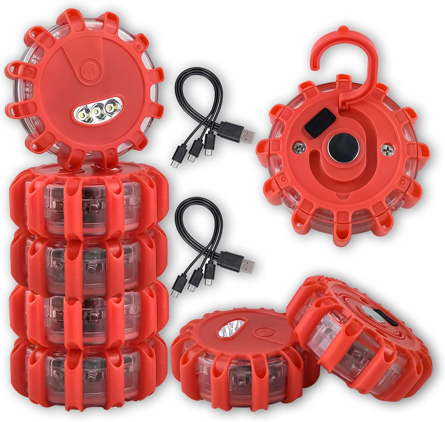 8 Pack Rechargeable LED Road Flares Roadside Emergency Car Kit, Emergency Lights for Vehicles with Magnetic Base & Hook, 3 in 1 USB Cable Included Pack of 2