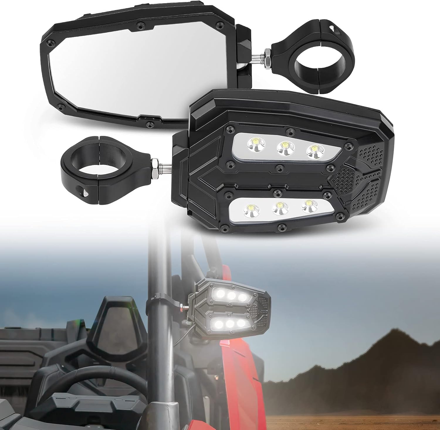 Kemimoto UTV Side Rear View Mirrors with Lights, Side Led Mirror for 1.75