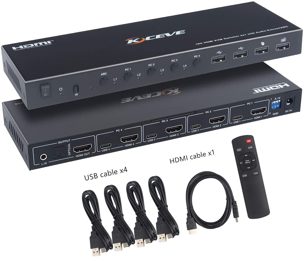 KVM Switch, 4 Computers HDMI KVM Switcher Box Support 4K@60Hz, with USB 2.0 Hub, Audio and ARC Function, Compatible with Windows/Linux/Mac System etc, with Hotkey and Remote Switch Way