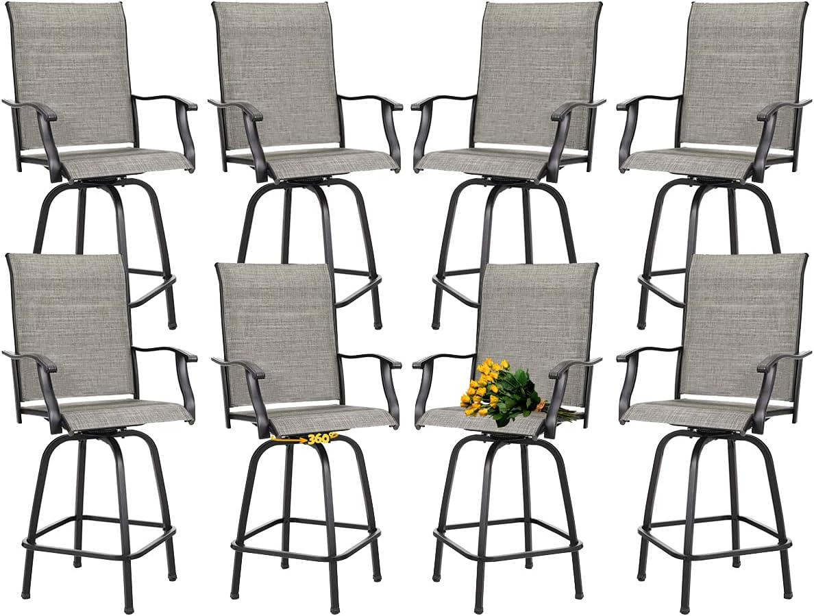 PIAOMTIEE Outdoor Swivel Bar Stools Set of 4, Patio Swivel Bar Stools with Backs and Arms, All Weather Patio Chairs with Textilene for Garden Lawn Yard, Brown