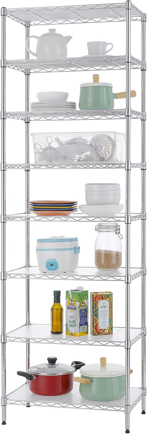 Finnhomy 8-Tier Wire Shelving Unit Adjustable Steel Wire Rack Shelving 8 Shelves Steel Storage Rack or Two 4-Tier Shelving Units with PE mat, Leveling Feet and Safety Device, NSF Certified, Chrome