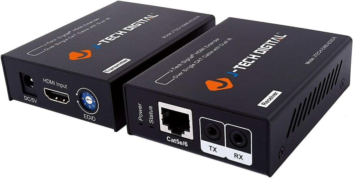 J-Tech Digital HDMI Extender by Single Cat 5E/6/7 up to 200ft with Dual IR and EDID Support DTS, Dolby, LPCM Pack of 2
