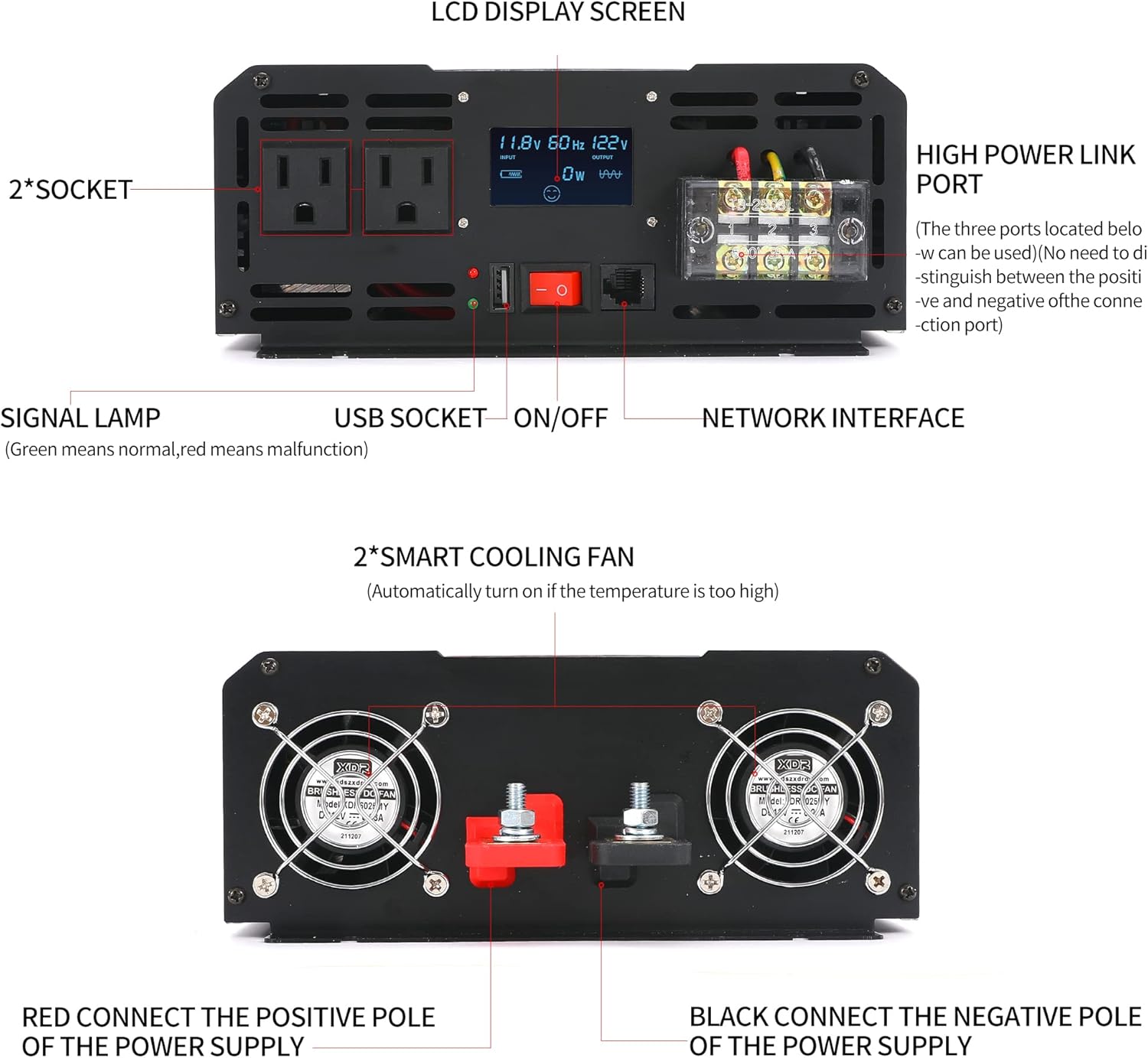 Power Inverter,3000W Pure Sine Wave Inverter DC 12V to AC 120V Car Inverter with LCD Digital Display Remote Control USB Port Power Converter for Travel/Camping