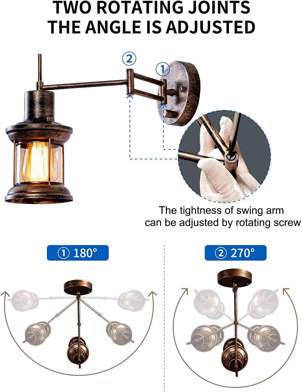 Wall Light Fixture, FLOURIM UL Farmhouse Dimmable Swing Arm Wall Lamp Hardwire or Plug in Wall Sconce Rustic Vintage Bedside Reading Lamp with On/Off Switch Cord for Kitchen Bedroom Living Room(2Pack)