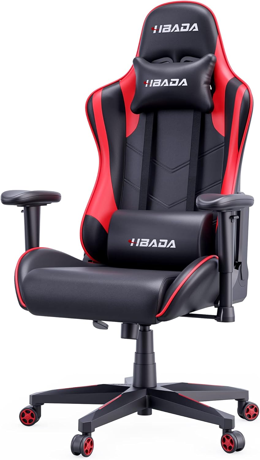Hbada Gaming Ergonomic Racing High-Back Computer Height Adjustable Headrest and Lumbar Support E-Sports Swivel Chair, Red and Black, 21.65