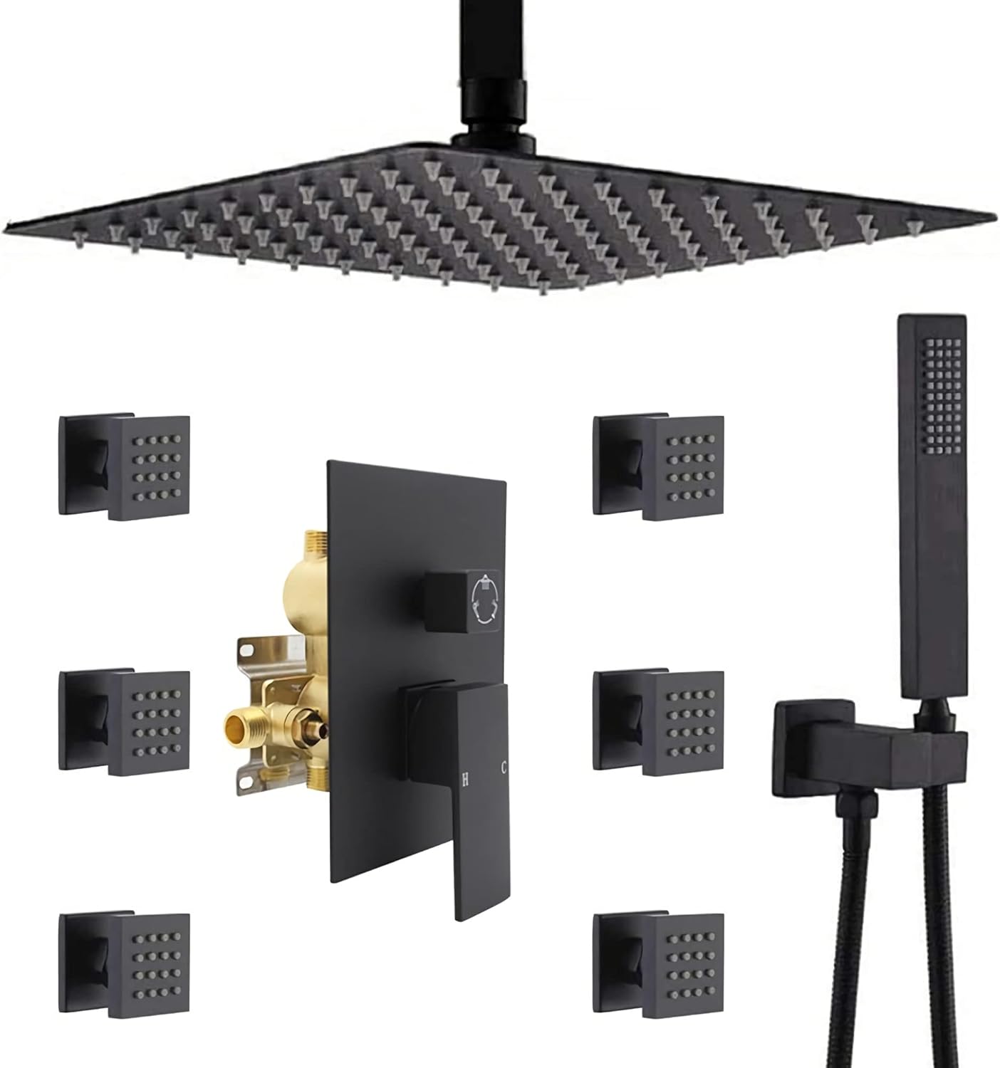 NPYSVSSS Matte Black Shower System, Overhead Rain Shower System with Shower Body Jets, 16-Inch Square Rainfall Shower Head, Handheld, Pressure Balance Shower Valve, Bathroom Luxury Shower System.