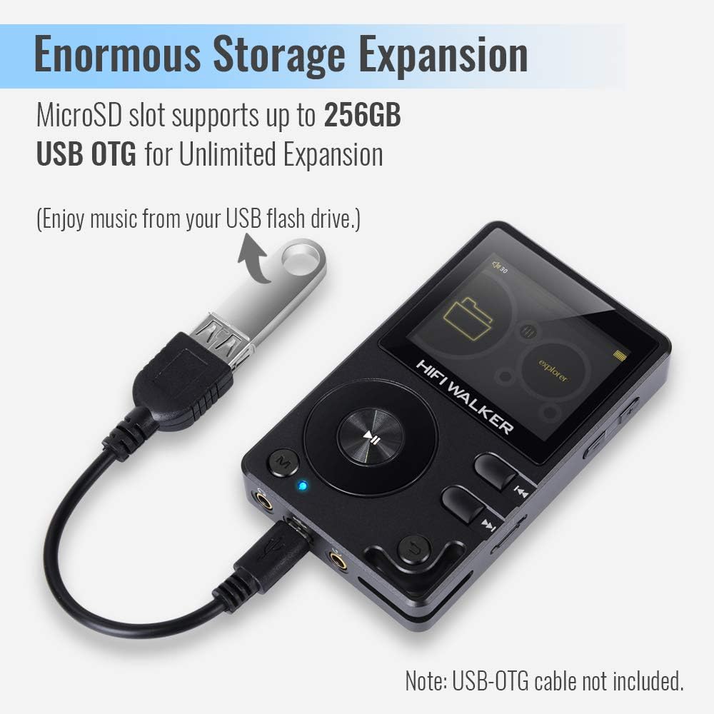 HIFI WALKER H2, High Resolution Bluetooth MP3 Player, DSD DAC OTG, Portable Digital Audio Music Player with Memory Card and HD Earphones, Support Up to 256GB