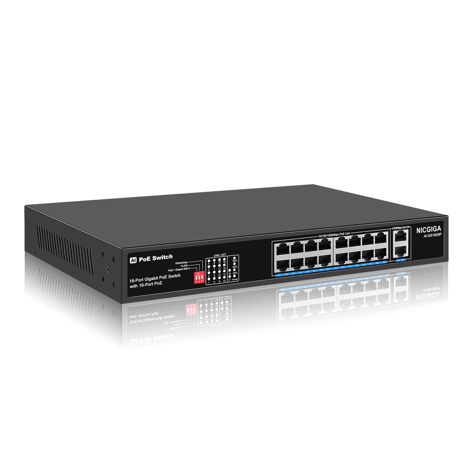 NICGIGA 16 Port Gigabit PoE Switch，16 Ports PoE+@250W,2 Uplink Port,802.3af/at Desktop/Rack Mount,AI Watchdog,VLAN Mode,300m Extend,Fanless.Unmanaged Power Over Ethernet,Plug and Play.