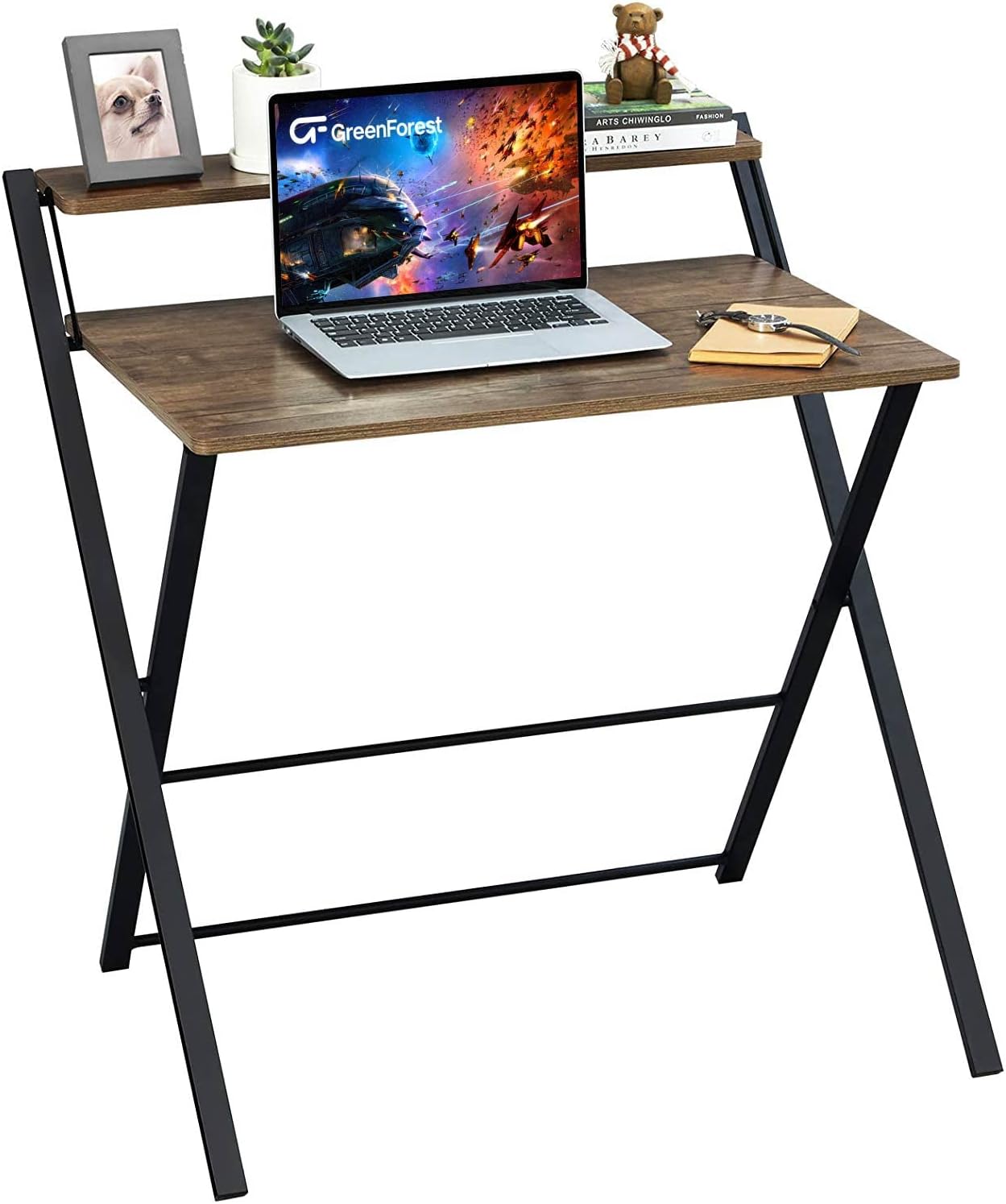 GreenForest Folding Computer Desk No Assembly Required 2 Tier Computer Desk with Shelf Space Saving Small Foldable Table Workstation, Brown