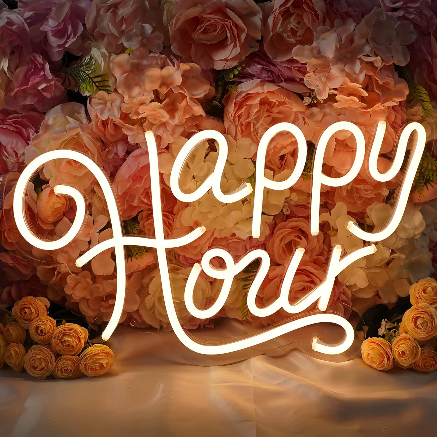 MERWOF Neon Sign Happy Hour for Wall Decor - Large Happy Hour Happy Our Art Neon Light Sign with Dimmable Switch for Bar Bedroom Hotel Party Backdrop Gift, Warm White, 17x10 Inches