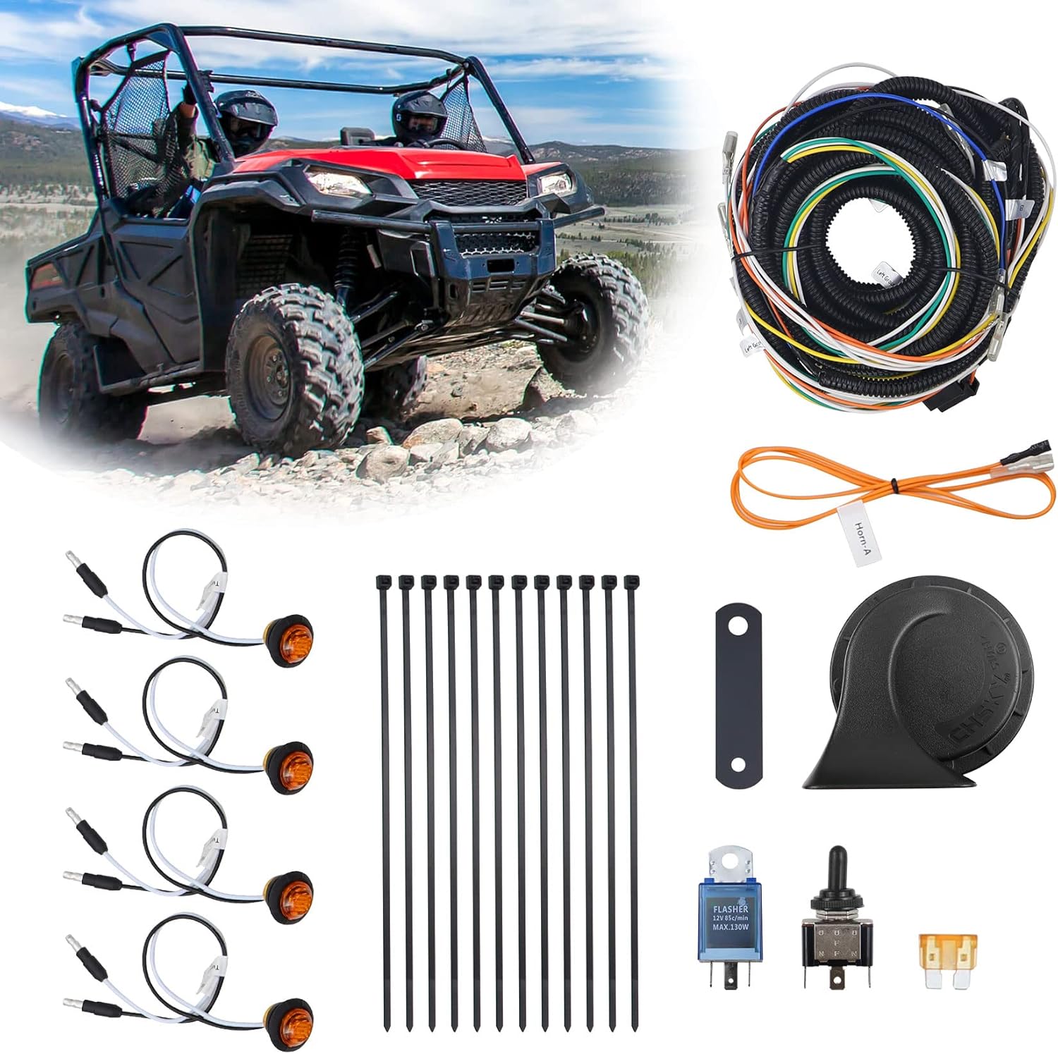 ATV/UTV Turn Signal Kit - With Toggle Switch & Horn Kit and Amber Turns Signal Light (4Pcs), LED Essential Blinker Kit Apply Road Safety Act, Fit for Pioneer, Can-Am, RZR, Kawasaki