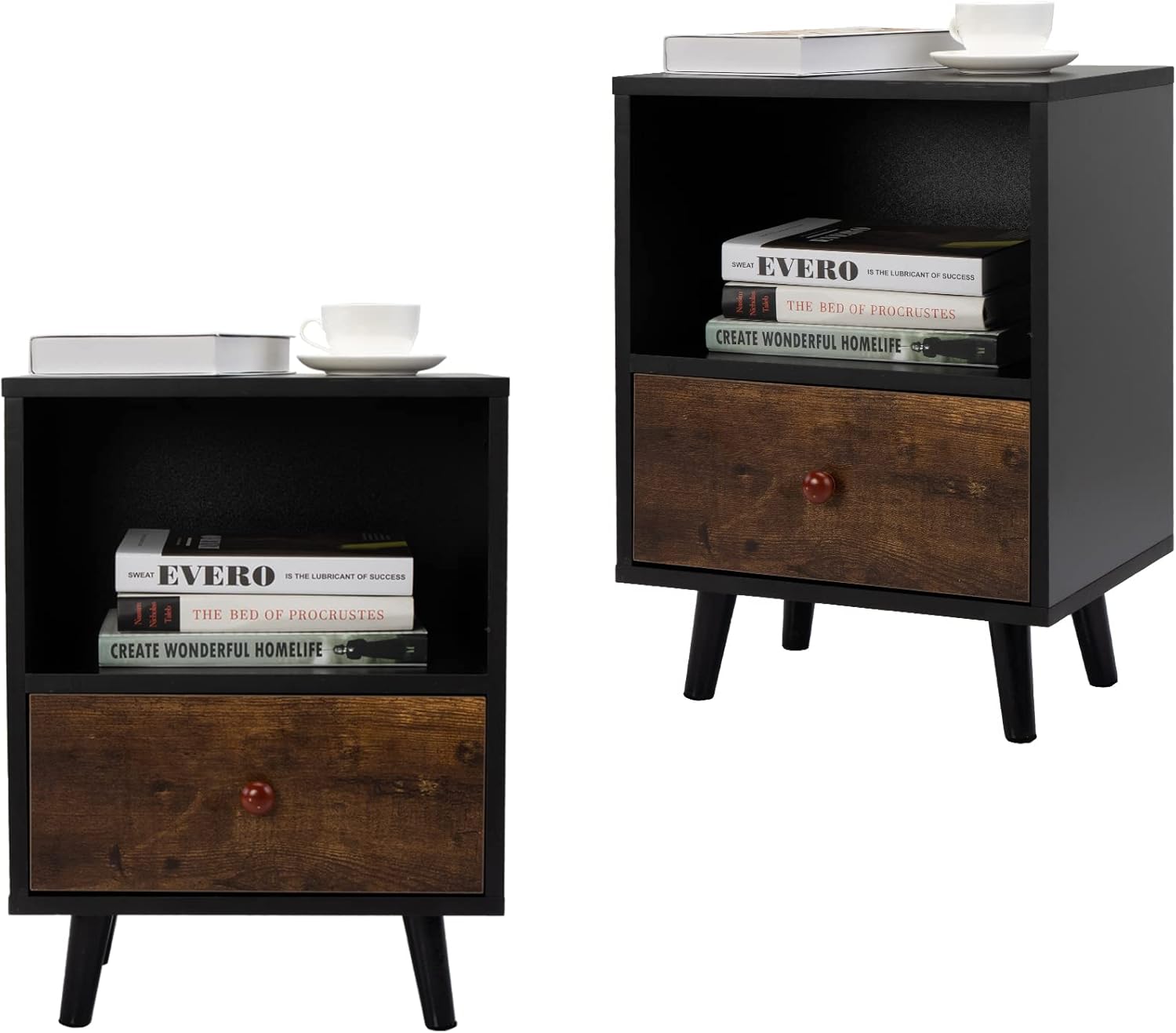 JAXPETY Set of 2 Modern Wood Nightstands with Drawer, Open Shelf and Solid Wood Legs, End Table for Living Room Bedroom Home(2-Pack, Black)