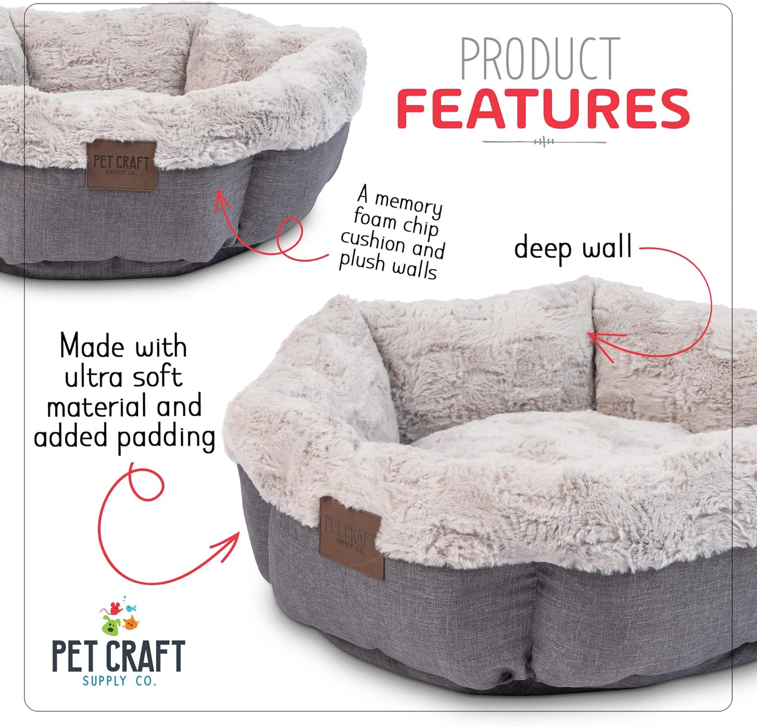 Pet Craft Machine Washable Memory Foam Donut Cuddler Calming Style Small Dog Bed, Grey