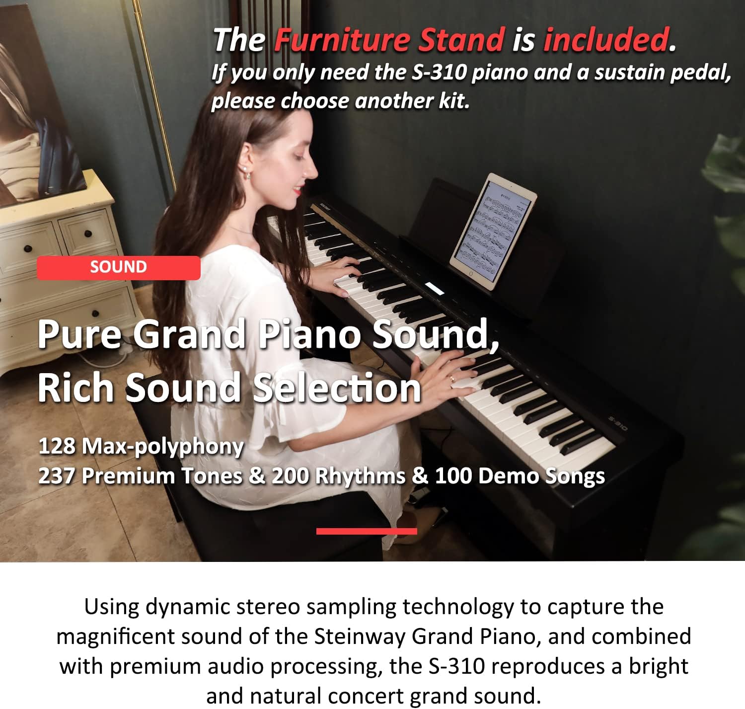 Soudimy S-310 88-Key Beginner Digital Piano, Full Weighted Graded Hammer Action, 2x25W Stereo Speakers, Home Portable Electric Piano Keyboard with Furniture Stand and 3-Pedal Unit