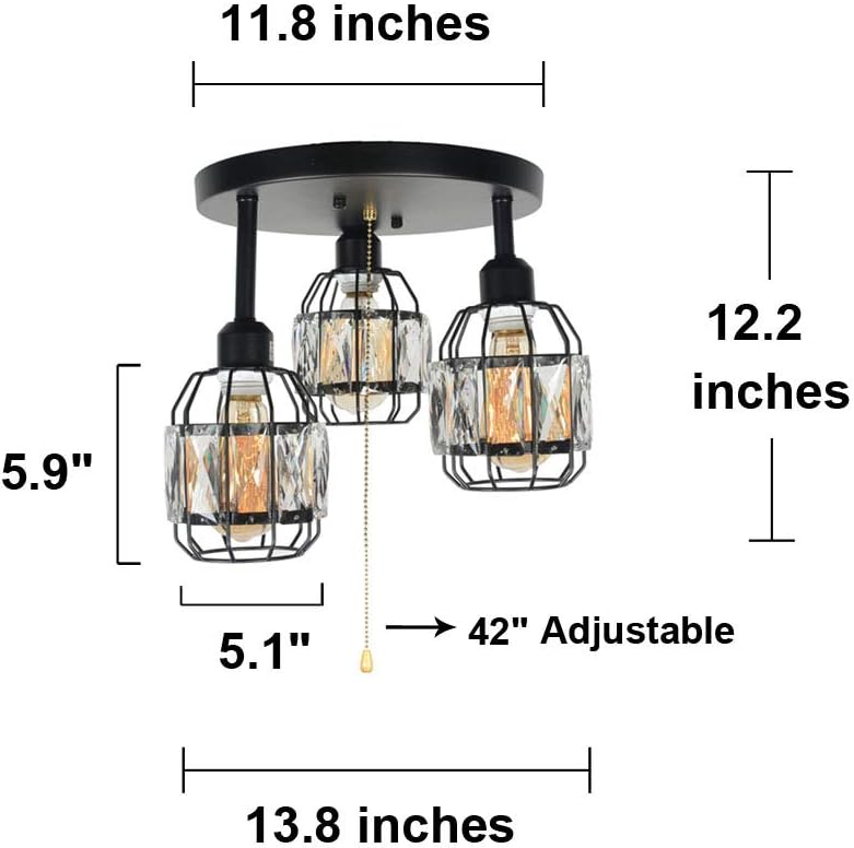 Baiwaiz Crystal Cage Semi Flush Mount Pull Chain Light, Black Metal Round Industrial Ceiling Lighting with Pull String Modern Close to Ceiling Light Fixture 3 Lights Edison E26 108