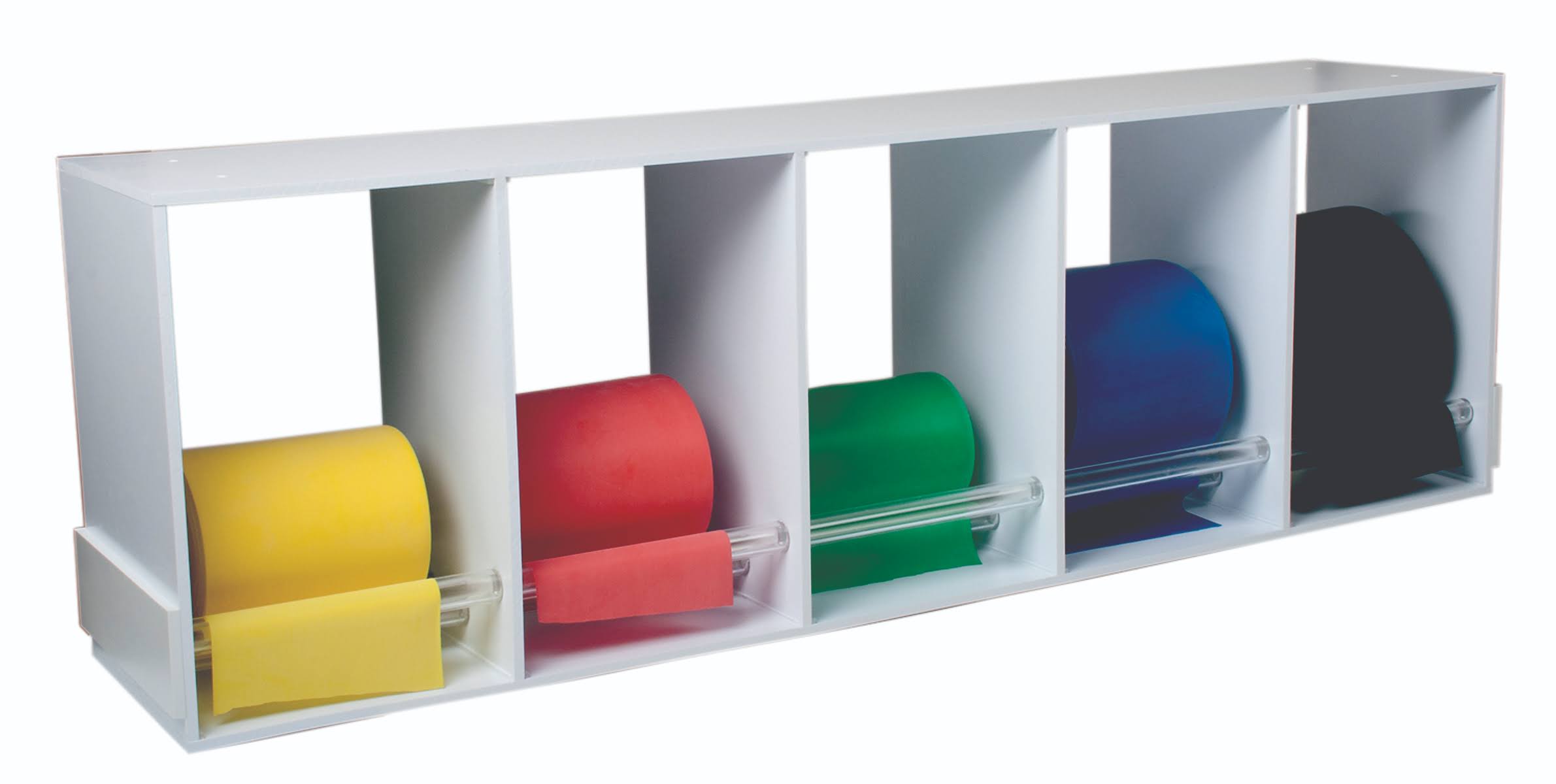 Cando 10-5483 Exercise Band Rack, Plastic, 5 Rolls, including: 5 x 50 Yard Latex Free Set (Yellow, Red, Green, Blue, Black)