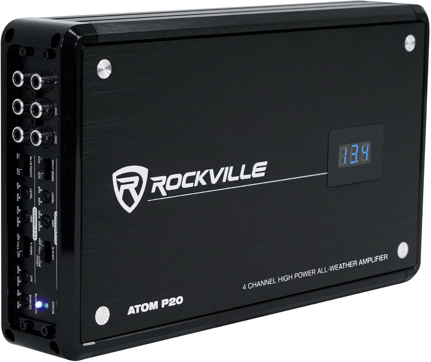 Rockville Atom P20 Marine/ATV/Car Bluetooth Amplifier 1600w Peak/440w RMS 4 Channel w/Volt Meter, Black