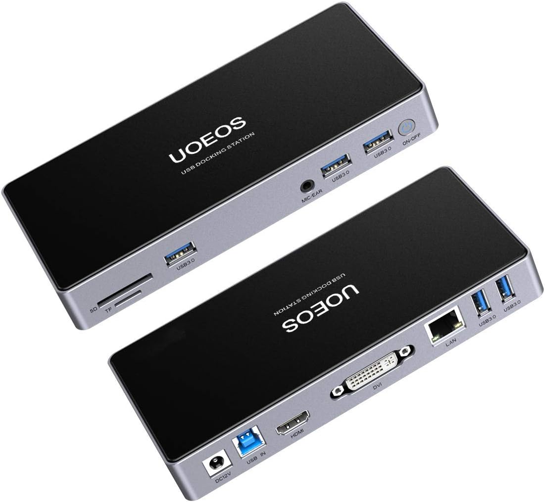 UOEOS USB 3.0 Universal Docking Station Dual Monitor for Windows, Chrome OS, Mac OS USB 3.0 HUB HDMI and DVI 3.5mm Audio Jack Port, SD TF Card Reader, Gigabit Ethernet, Audio&Mic,laptop docking sation
