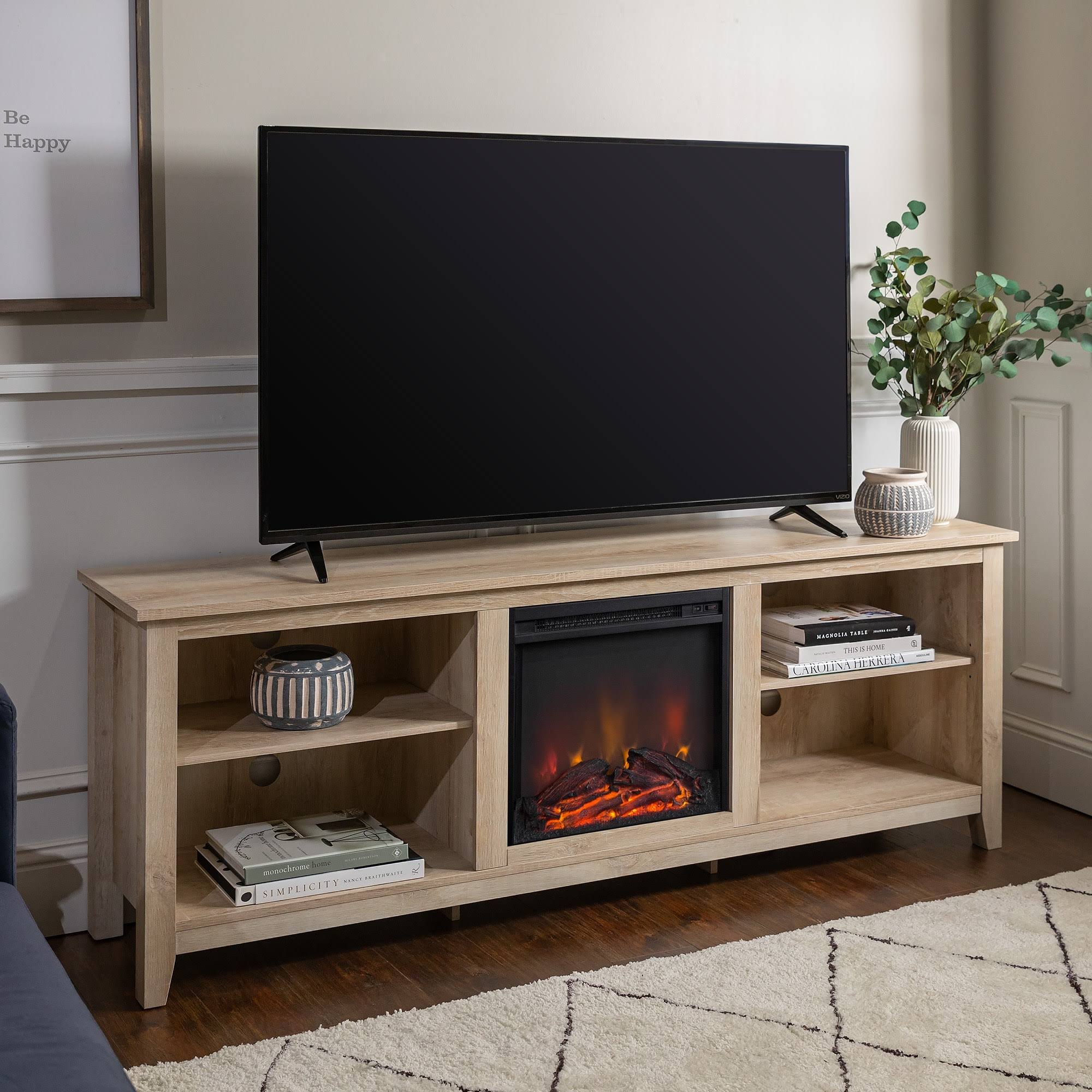 We Furniture 70-Inch Wood Media TV Stand Console with Fireplace White Oak Antique, Weathered