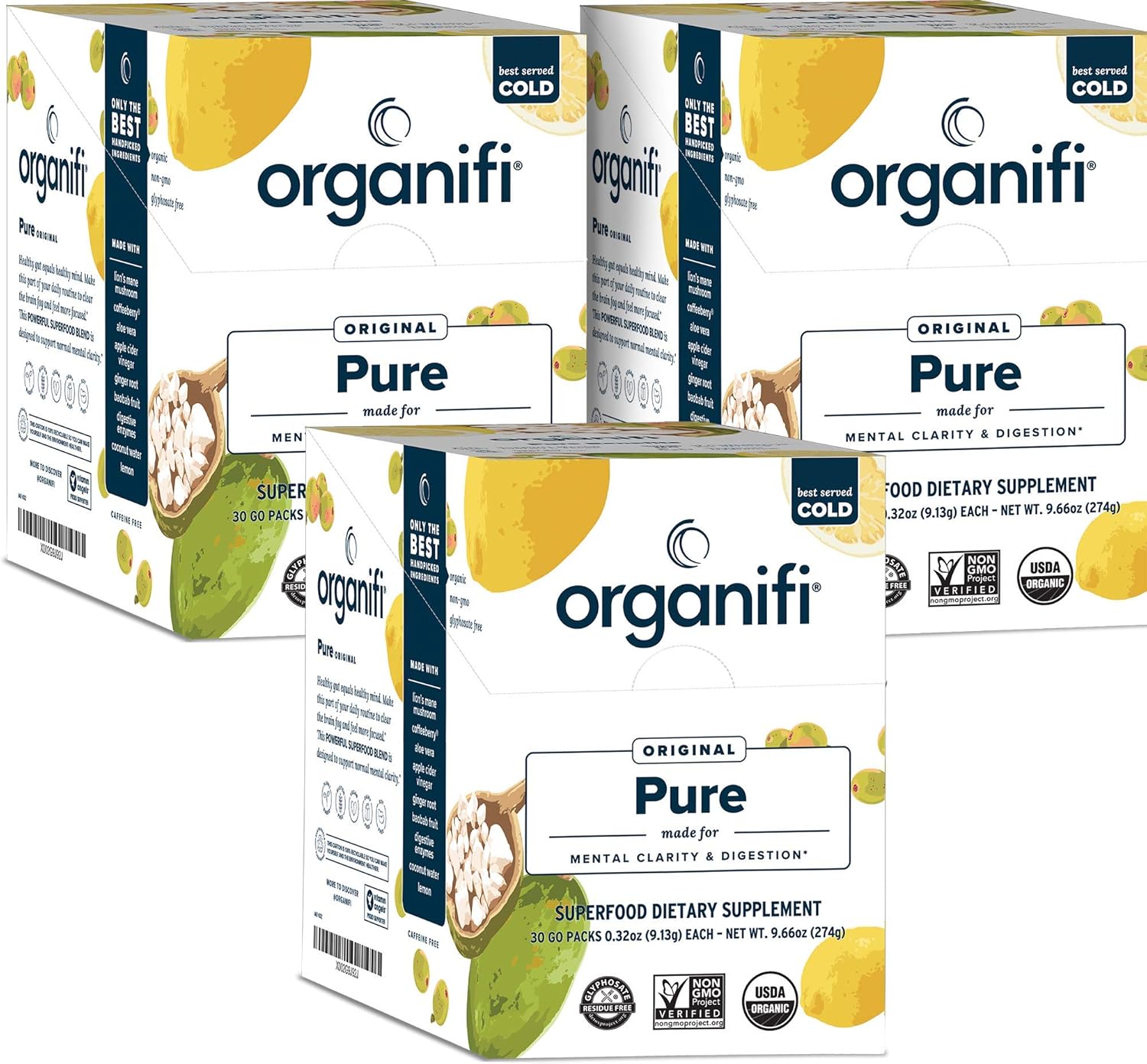 Organifi: Pure Smart Packs - Organic Brain Boost Superfood Solution - 3 Pack - Lemon Flavor - Revitalize & Alkalize for Daily Mental Focus - Gut-Cleansing Digestive Enzymes - Immunity Support