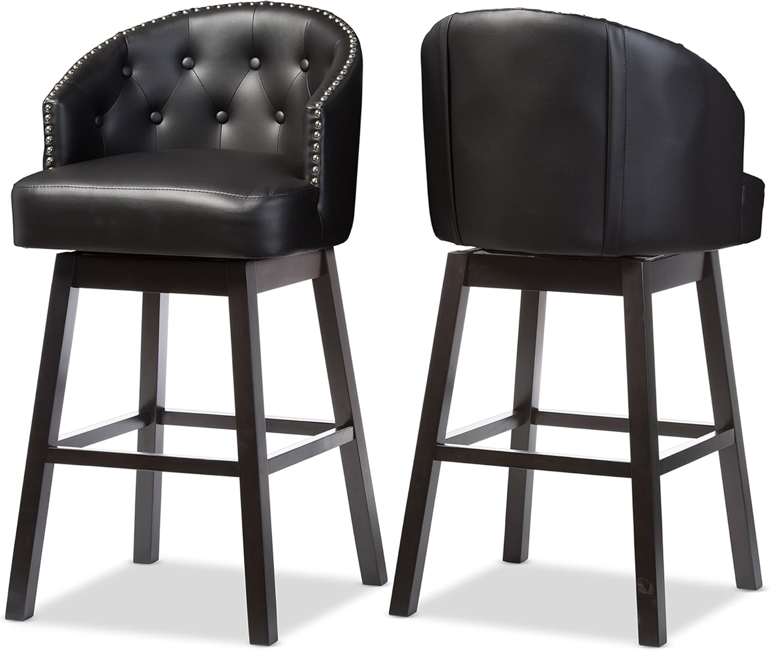Baxton Studio Avril Modern & Contemporary Faux Leather Tufted Swivel Barstool with Nail Heads Trim (Set of 2), Black