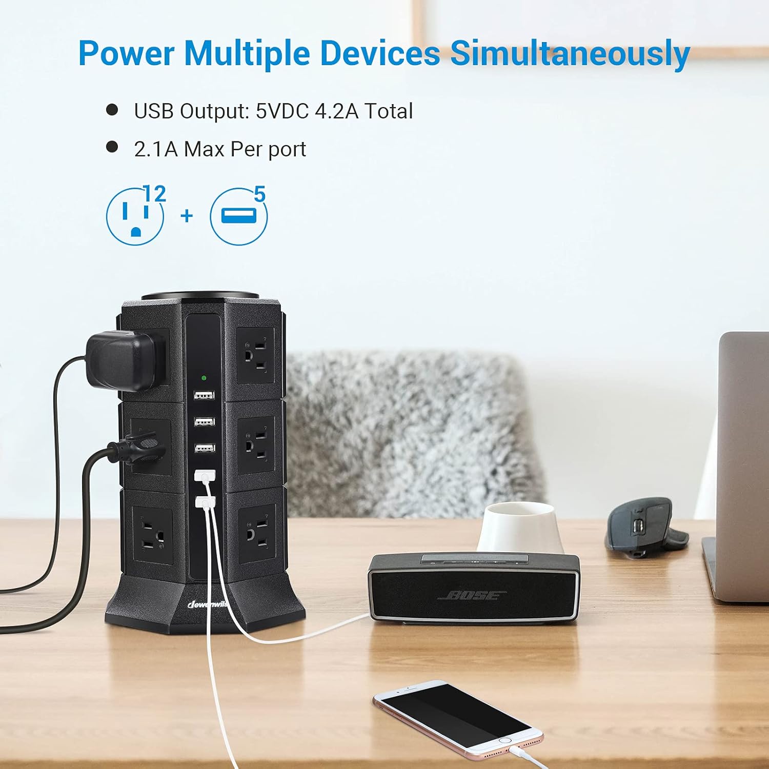 DEWENWILS 16FT Power Strip Tower, 12-Outlet Charging Station with 5-USB Ports, 2 Switch Control, Flat Plug, 1500J Surge Protector, 15A Overload Protection, ETL Listed, Black Pack of 2
