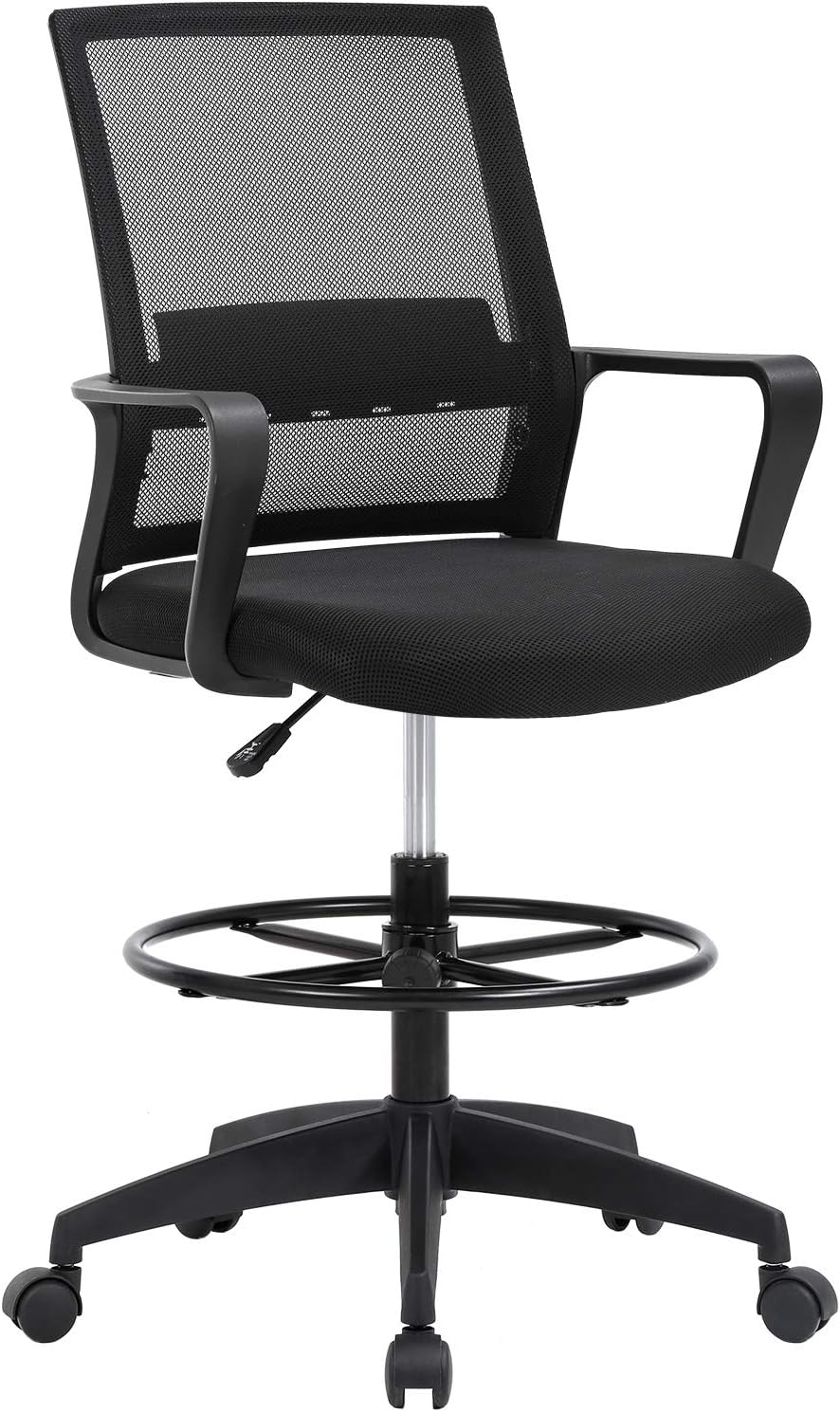Drafting Chair Tall Office Chair Adjustable Height with Lumbar Support Arms Footrest Mid Back Desk Chair Swivel Rolling Mesh Computer Chair for Adults Standing Desk Drafting Stool(Black)