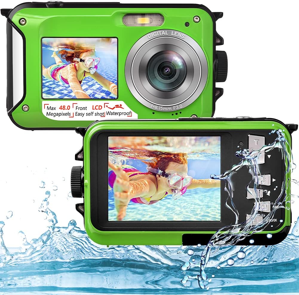 Underwater Camera Full HD 2.7K 48MP Waterproof Camera for Snorkeling Dual Screen Waterproof Camera Digital with Self-Timer and 17X Digital Zoom (Green) Pack of 2